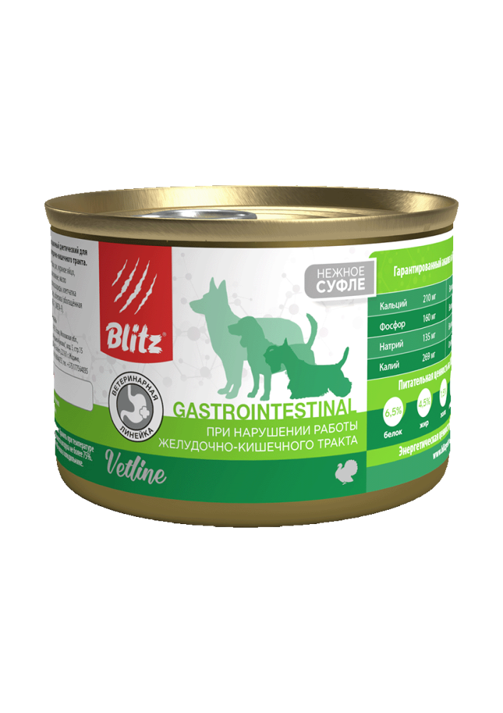 УПАКОВКА Blitz Dog Vetline Gastrointestinal корм консервированный полнорационный диетический для собак при нарушении работы желудочно-кишечного тракта с индейкой/ 200г x 12
