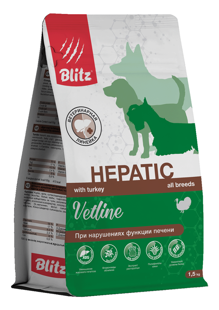 Blitz Dog Vetline Hepatic, корм сухой диетический д.собак, при нарушении функции печени/10 кг