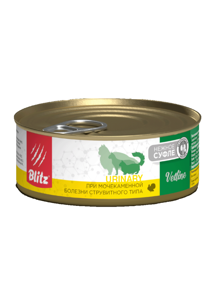 УПАКОВКА Blitz Cat Vetline Urinary корм консервированный полнорационный диетический для кошек при мочекаменной болезни струвитного типа с индейкой/ 100г x 16