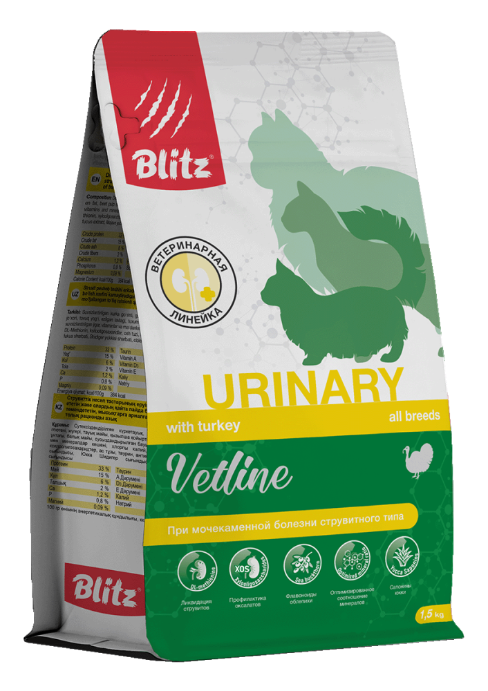 Blitz Cat Vetline Urinary корм диетический д. кошек, при мочекаменной болезни струвитного типа/1,5 кг