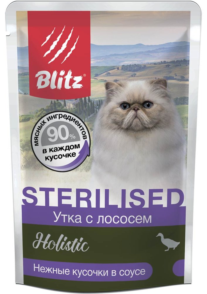 УПАКОВКА BLITZ STERILISED / УТКА С ЛОСОСЕМ, кусочки в соусе, корм консерв. полнорац. д/СТЕРИЛ.КОШЕК И КАСТР.КОТОВ / 85гр/ x 24