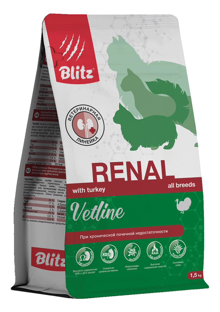 Blitz Cat Vetline Renal корм диетический полнорационный д/кошек, при хронической почечной недостаточности,10 кг