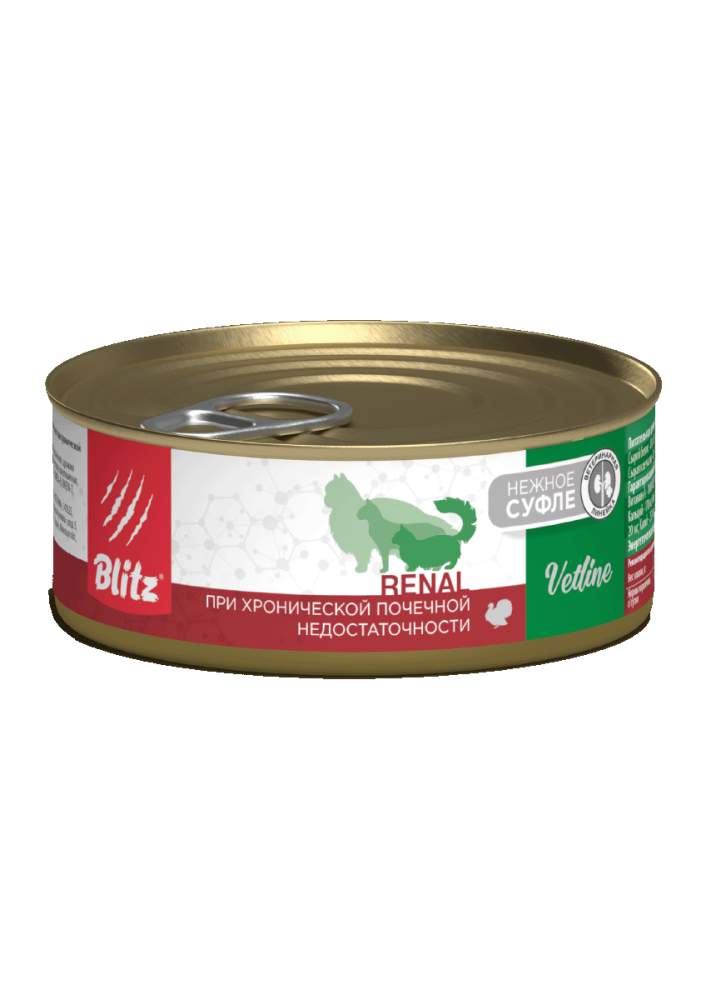 УПАКОВКА Blitz Cat Vetline Renal корм консервированный полнорационный диетический для кошек при хронической почечной недостаточности с индейкой/ 100г x 16