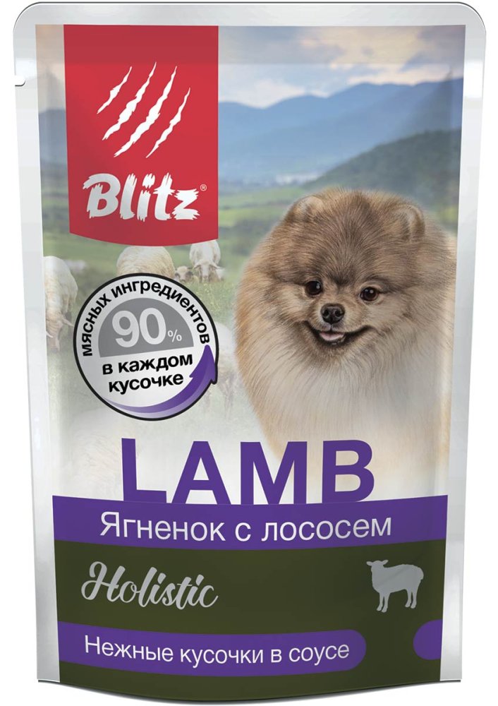 УПАКОВКА BLITZ LAMB / ЯГНЕНОК С ЛОСОСЕМ, кусочки в соусе, корм консерв. полнорац. для СОБАК МЕЛКИХ пород всех возрастов/85гр/ x 24