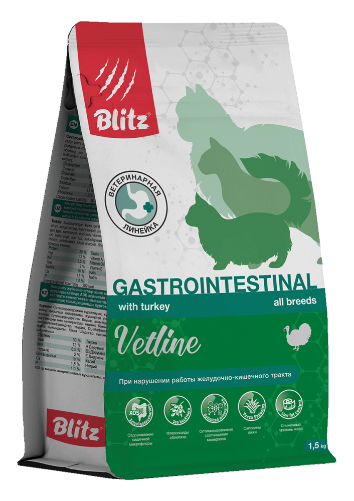 Blitz Cat Vetline Gastrointestinal корм диетический полнорационный д/кошек при нарушении работы желудочно-кишечного тракта,10 кг