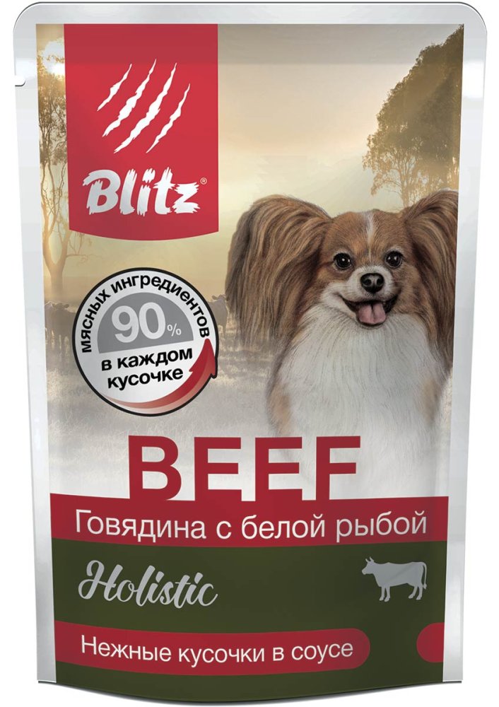 УПАКОВКА BLITZ BEEF / ГОВЯДИНА С БЕЛОЙ РЫБОЙ, кусочки в соусе, корм консер. полнорац. для СОБАК МЕЛКИХ пород всех возрастов/85гр/ x 24