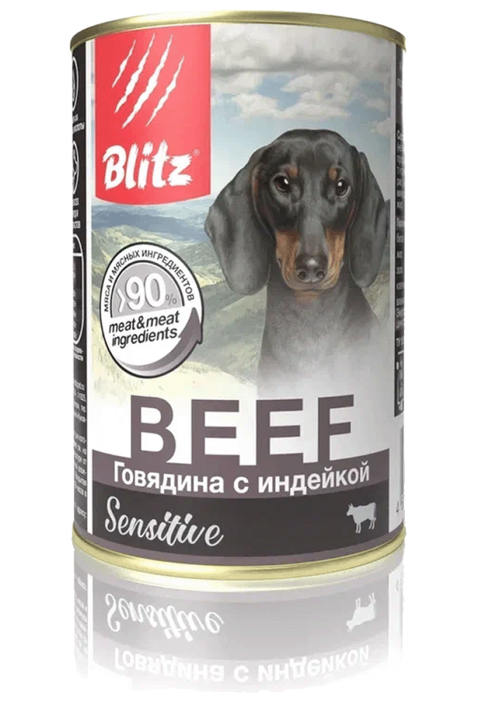 УПАКОВКА BLITZ Говядина с индейкой, корм консерв.полнорац. для собак всех пород и возрастов 200 гр x 24