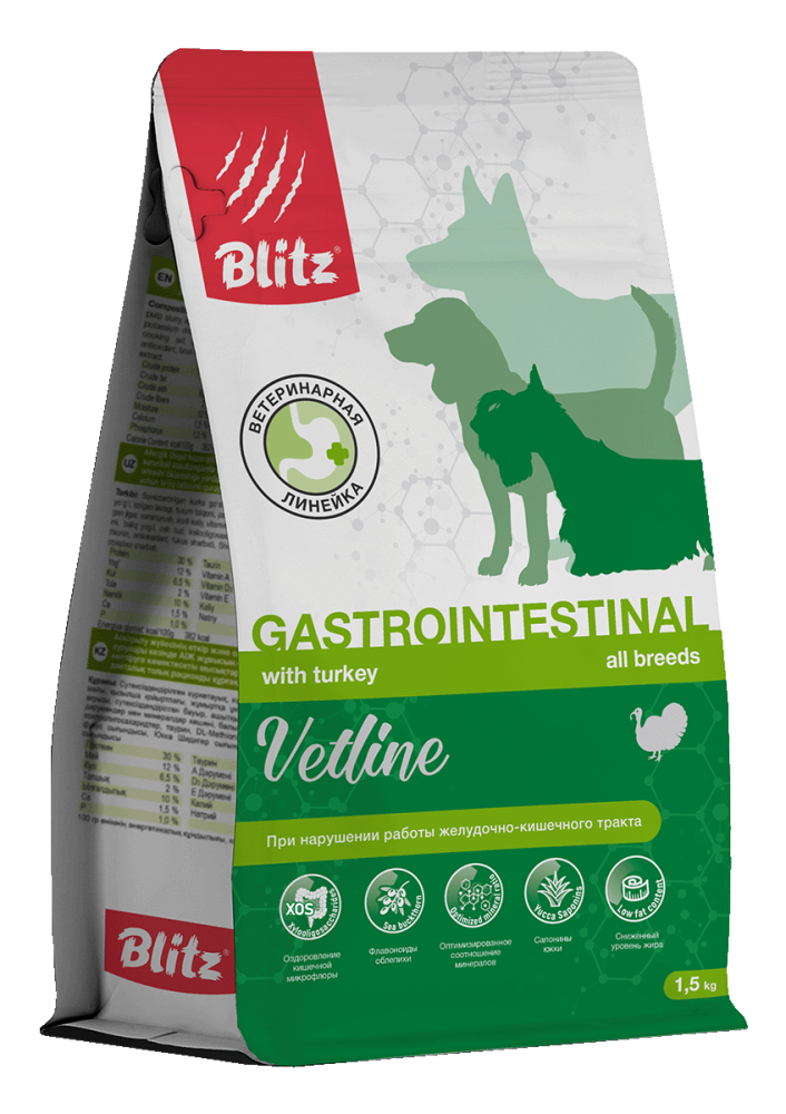 Blitz Dog Vetline Gastrointestinal корм сухой диетический д.собак, при нарушении работы желудочно-кишечного тракта/1,5 кг