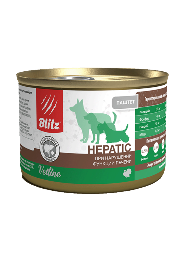 УПАКОВКА Blitz Dog Vetline Hepatic корм консервированный полнорационный диетический для собак при нарушении функции печени с индейкой/ 200г x 12