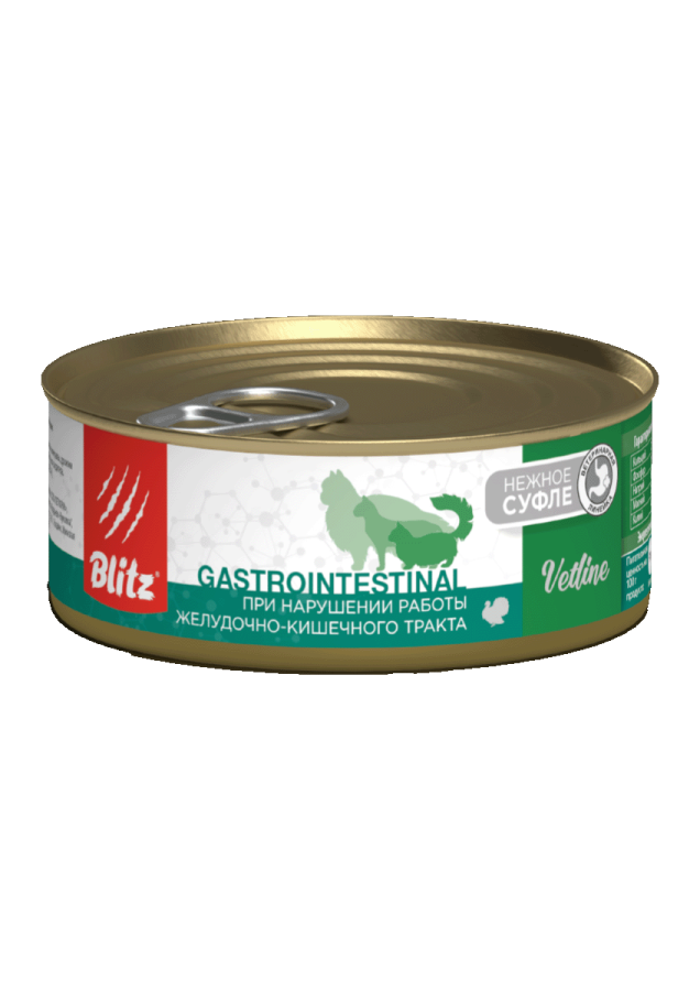 УПАКОВКА Blitz Cat Vetline Gastrointestinal корм консервированный полнорационный диетический для кошек при нарушении работы желудочно-кишечного тракта с индейкой/ 100г x 16