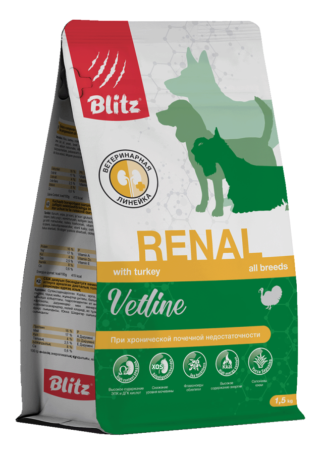 Blitz Dog Vetline Renal, корм сухой диетический д.собак, при хронической почечной недостаточности/1,5 кг