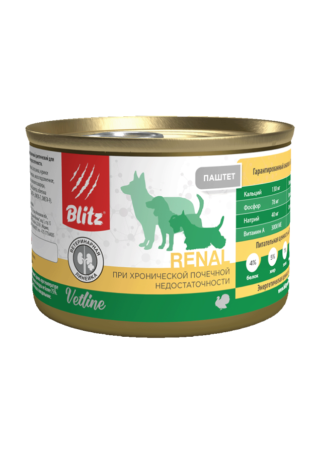 УПАКОВКА Blitz Dog Vetline Renal корм консервированный полнорационный диетический для собак при хронической почечной недостаточности с индейкой/ 200г x 12