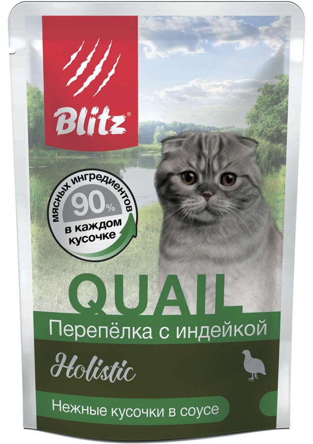 УПАКОВКА BLITZ QUAIL / ПЕРЕПЕЛКА С ИНДЕЙКОЙ, кусочки в соусе, КОРМ КОНСЕРВ. ПОЛНОРАЦ. для КОШЕК / 85гр x 24