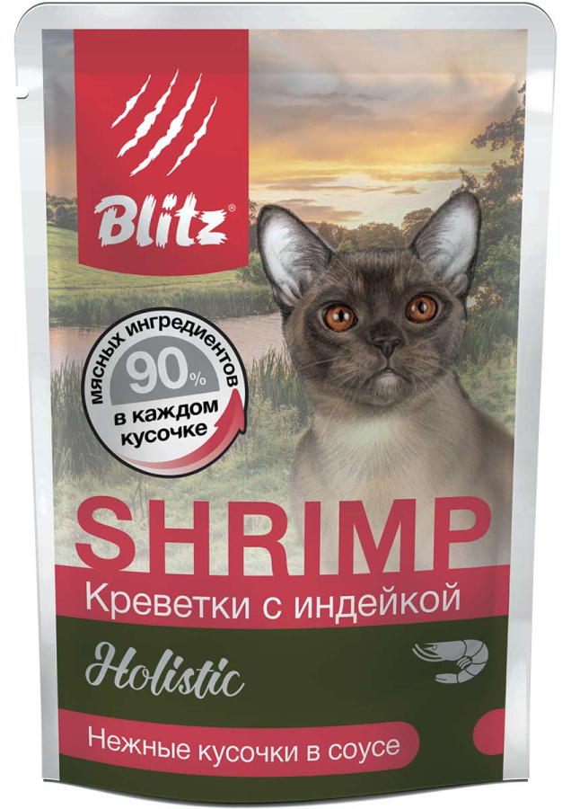 УПАКОВКА BLITZ SHRIMP / КРЕВЕТКИ С ИНДЕЙКОЙ, кусочки в соусе, корм консерв. полнорац. для КОШЕК / 85гр/ x 24