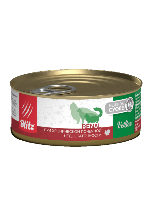 УПАКОВКА Blitz Cat Vetline Renal корм консервированный полнорационный диетический для кошек при хронической почечной недостаточности с индейкой/ 100г x 16