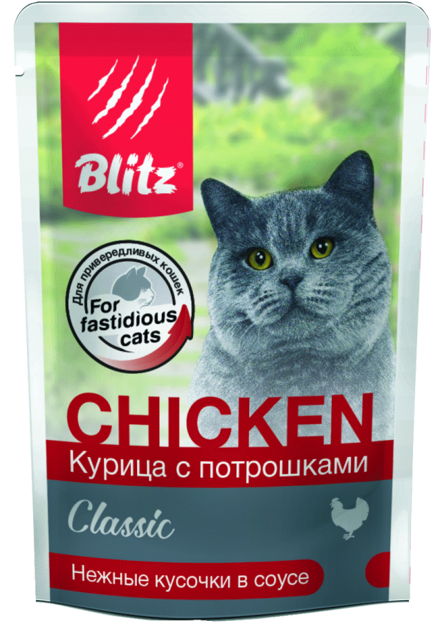УПАКОВКА BLITZ Курица с потрошками в соусе, корм конс.полн. для кошек, 85 гр x 24