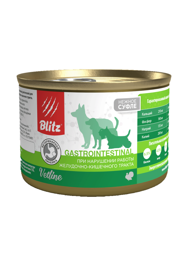 УПАКОВКА Blitz Dog Vetline Gastrointestinal корм консервированный полнорационный диетический для собак при нарушении работы желудочно-кишечного тракта с индейкой/ 200г x 12