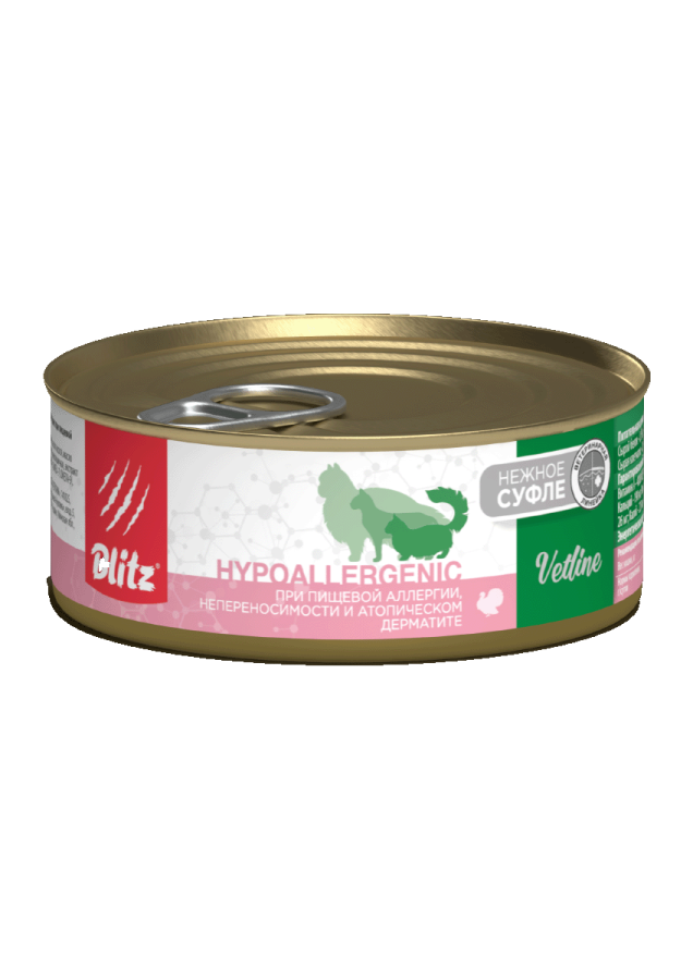 УПАКОВКА Blitz Cat Vetline Hypoallergenic корм консервированный полнорационный диетический для кошек при пищевой аллергии, непереносимости и атопическом дерматите с индейкой/ 100г x 16